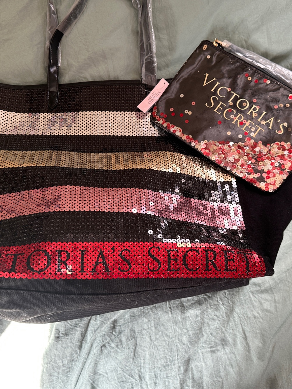 Victoria's Secret Black Sequin Stripe Tote with Red Logo & Matching Pouch